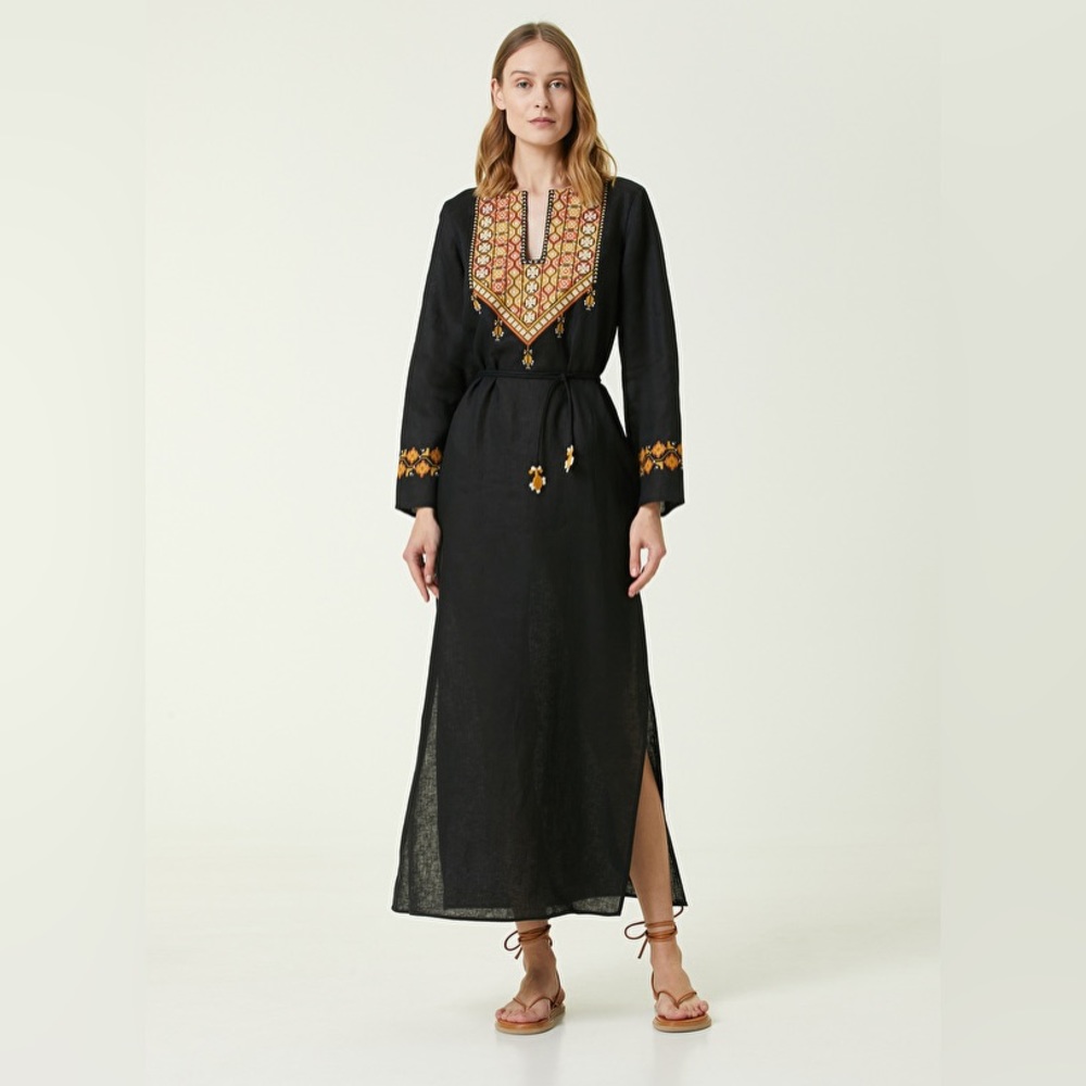 NWT $498 Tory Burch Embroidered Linen Maxi Kaftan In Black Size S